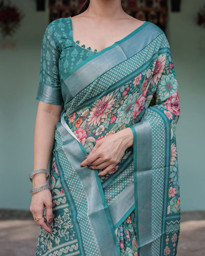 🌿 Elegant Teal Green Linen Saree 🌿