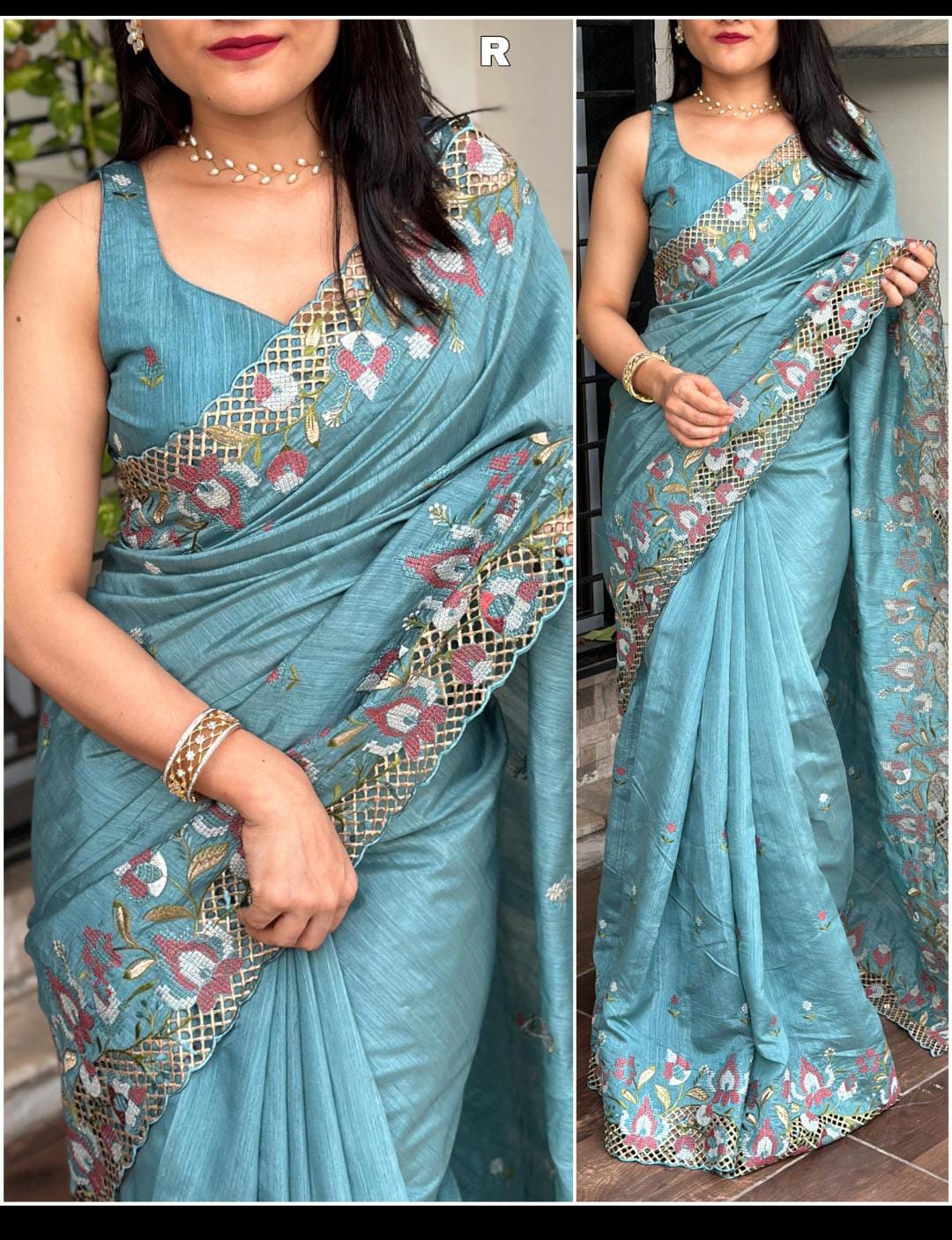 Cut Work Visca Slub Silk Saree