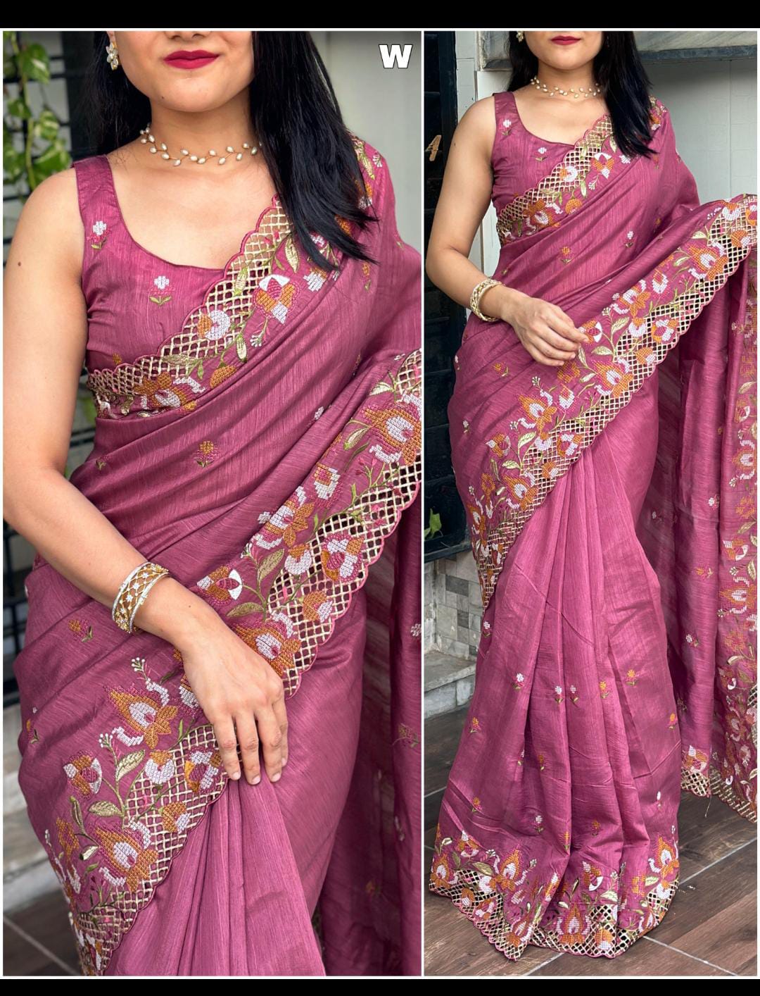 Cut Work Visca Slub Silk Saree
