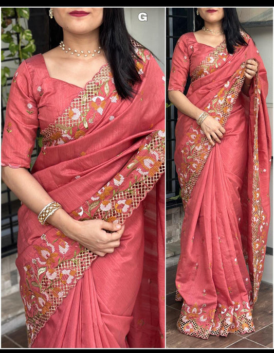 Cut Work Visca Slub Silk Saree