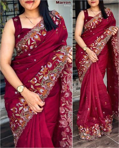 Cut Work Visca Slub Silk Saree