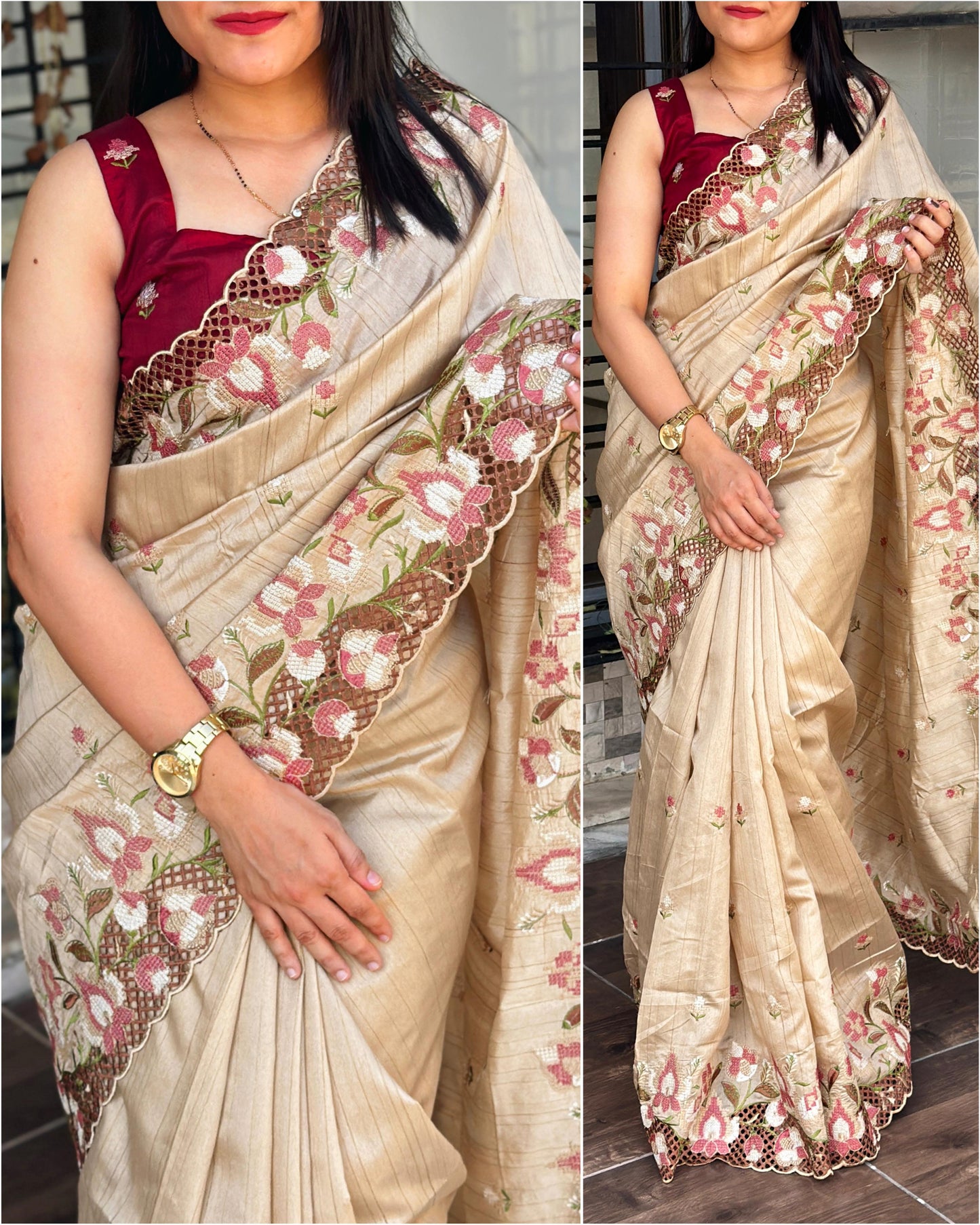 Cut Work Visca Slub Silk Saree