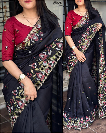 Cut Work Visca Slub Silk Saree