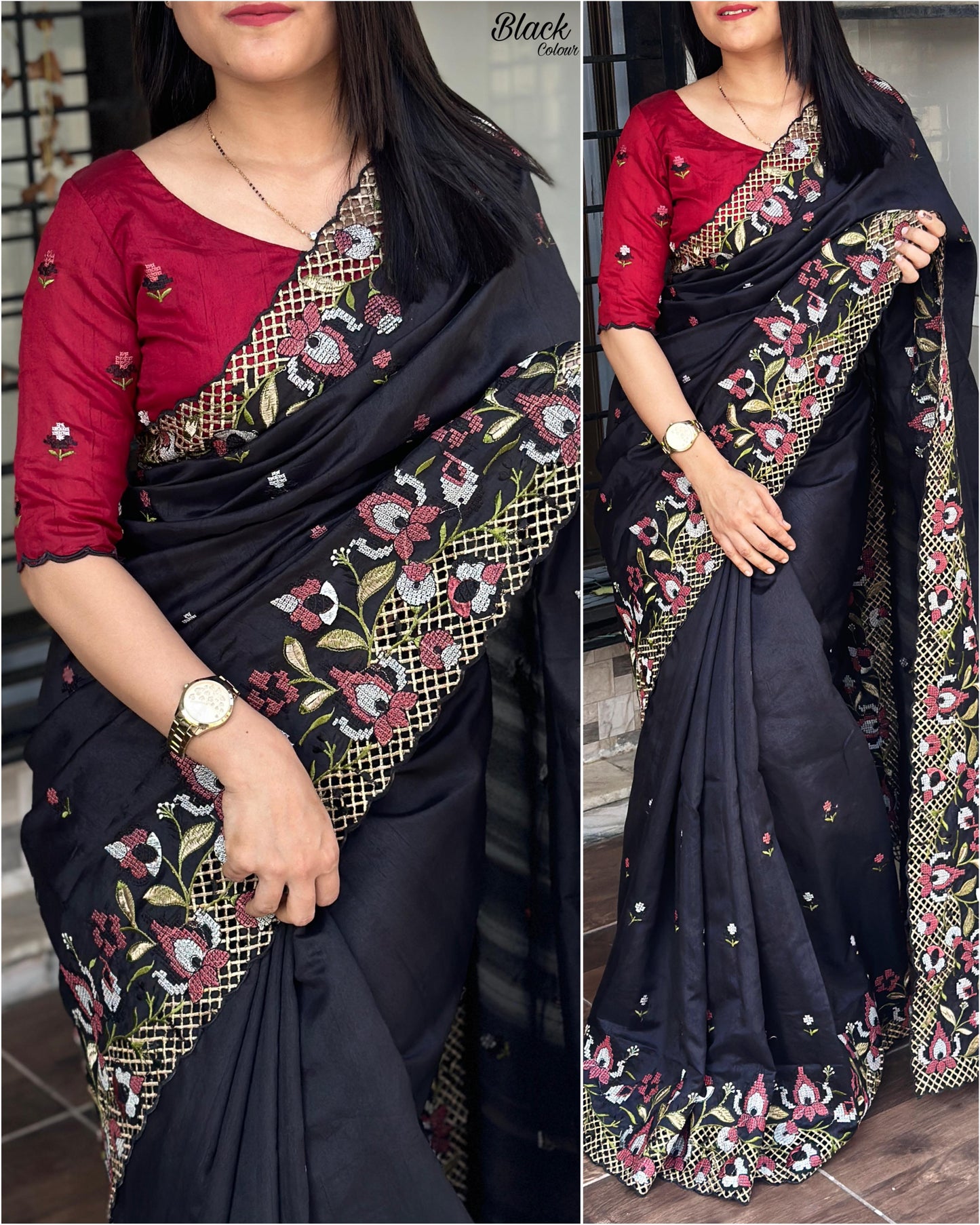 Cut Work Visca Slub Silk Saree