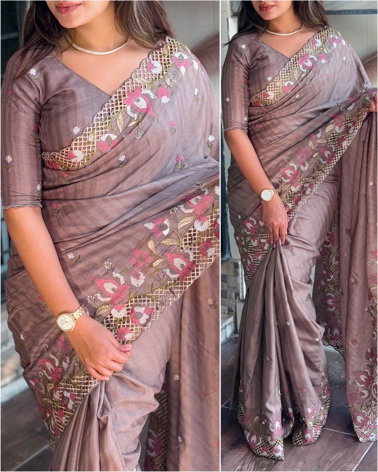 Cut Work Visca Slub Silk Saree