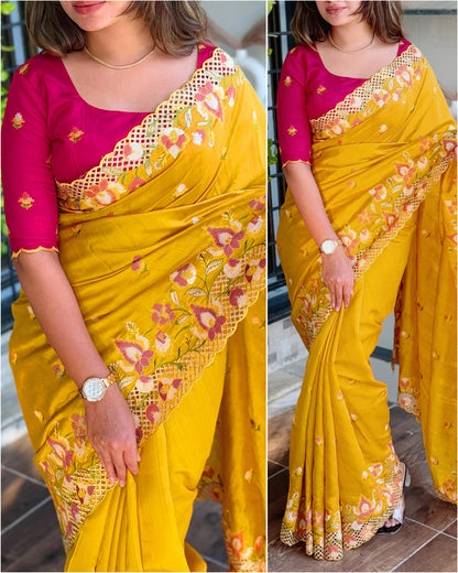 Cut Work Visca Slub Silk Saree