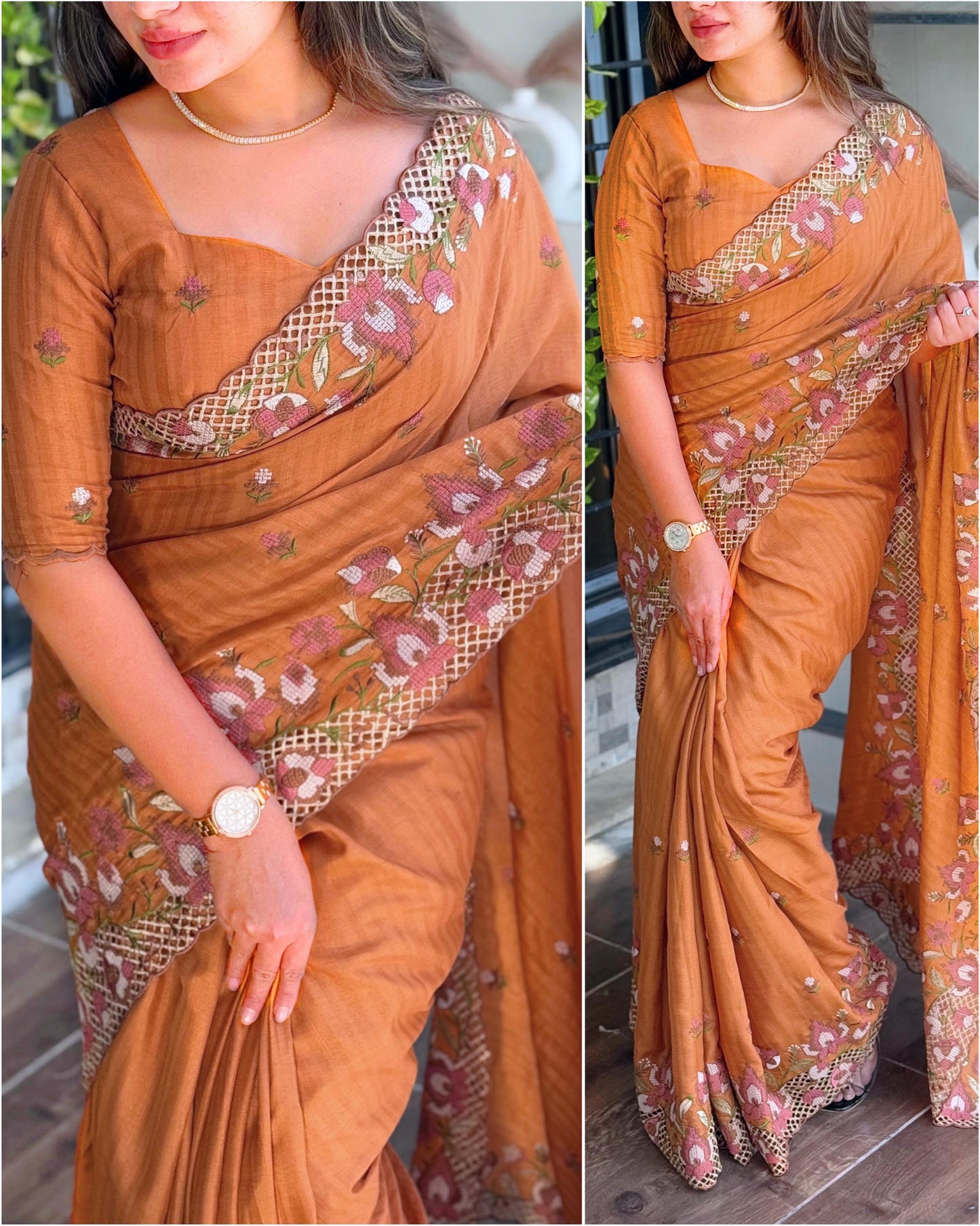 Cut Work Visca Slub Silk Saree