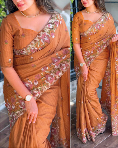 Cut Work Visca Slub Silk Saree