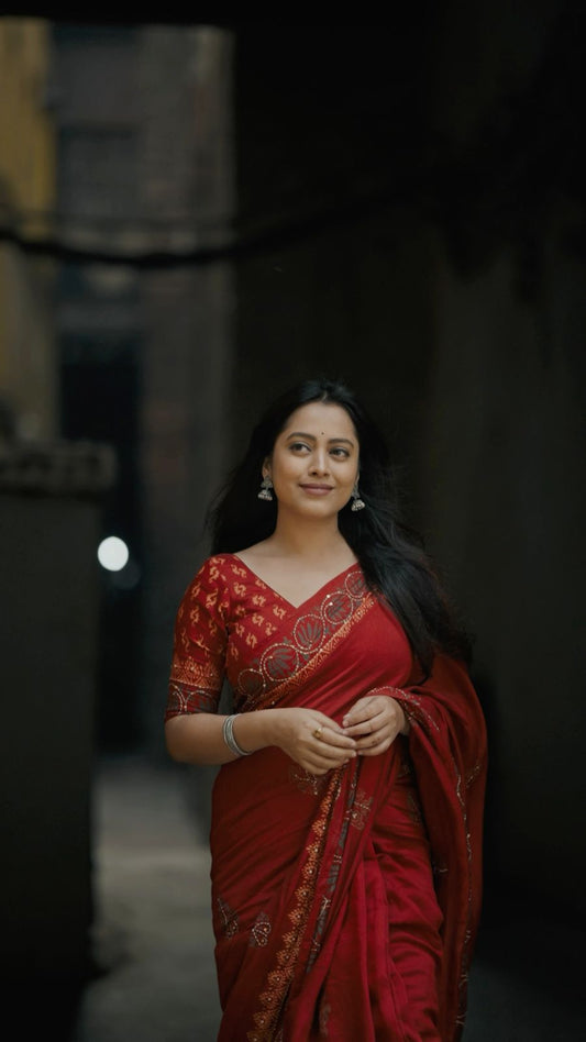 New single color edition ajrakh hand work saree