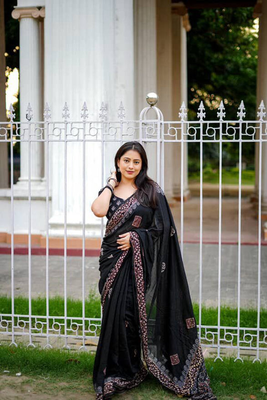 New premium ajrakh  handwork saree