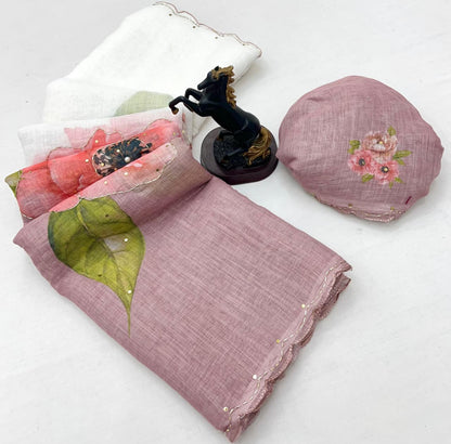 Pure Linen Saree with Hand Work
