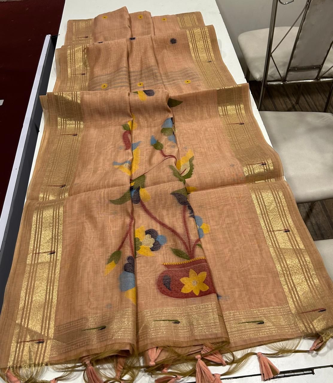 Premium soft Muga Cotton saree with classic floral