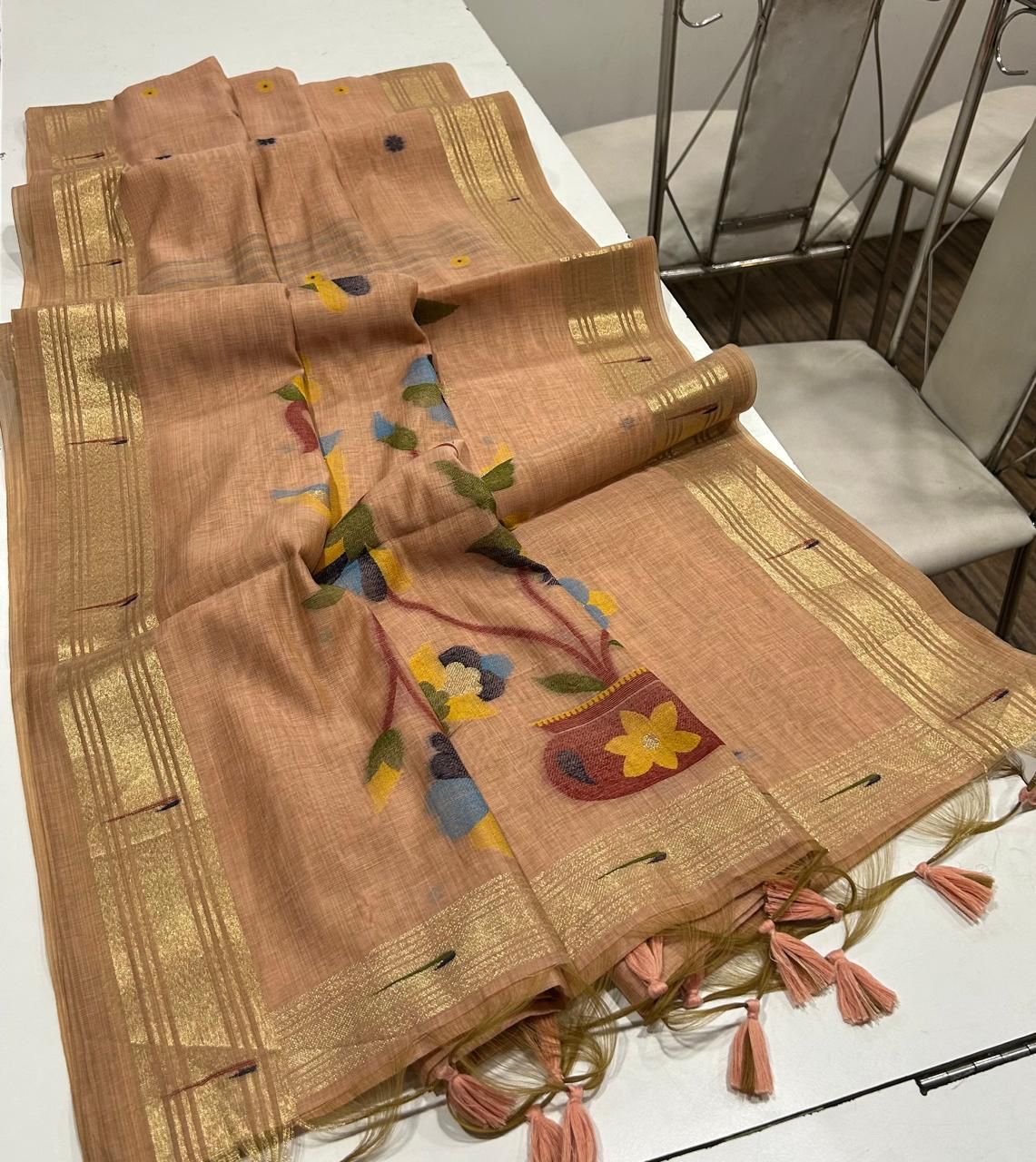Premium soft Muga Cotton saree with classic floral