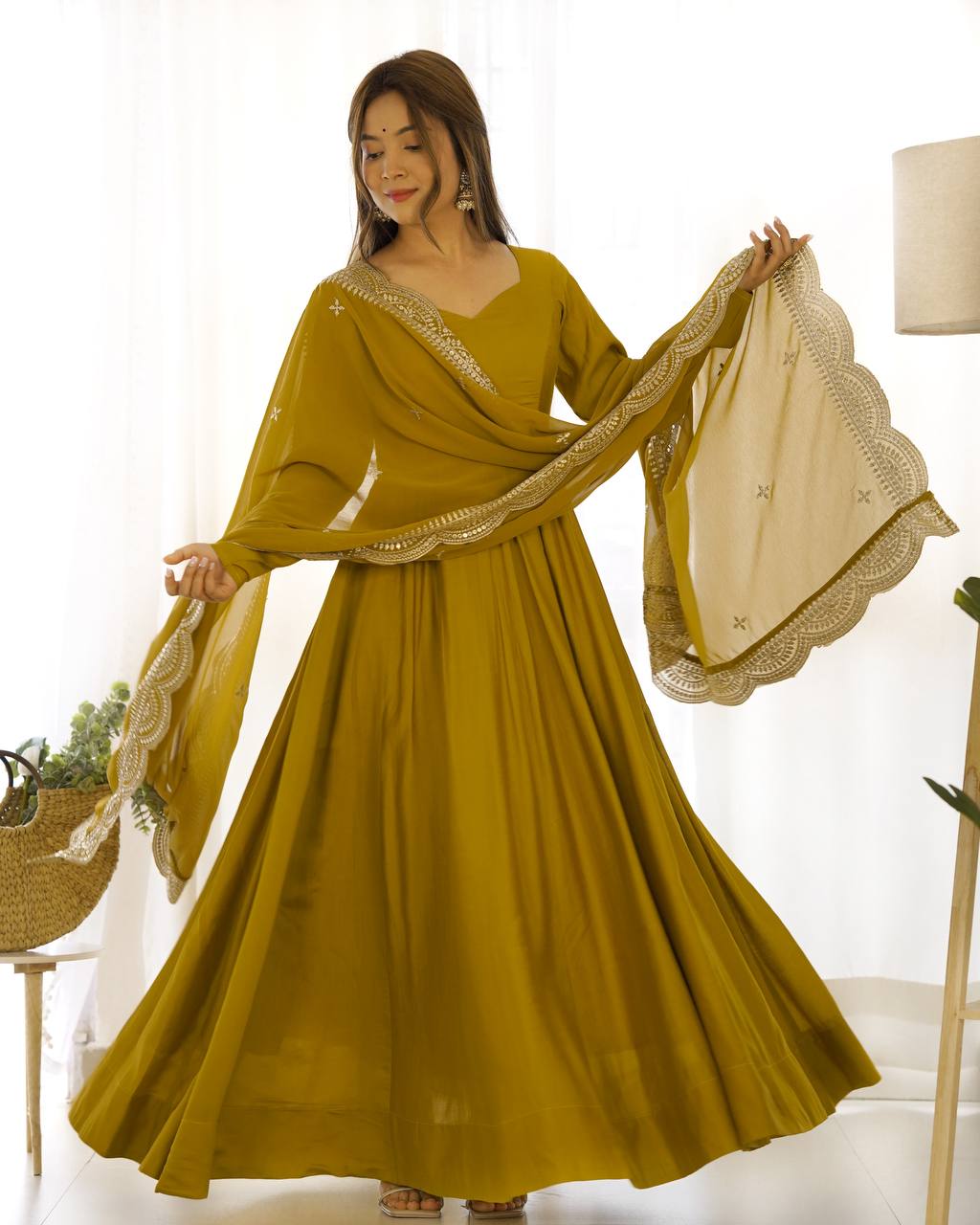 Pure Romansilk Chanderi Fully Flair Anarkali Set with Dupatta & Pant – Ready to Wear