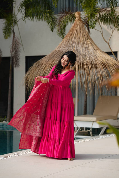PURE ROMANSILK CHANDERI FABRIC FULLY FLAIR ANARKALI,WITH DUPPTA SET,PENT READY TO WEAR