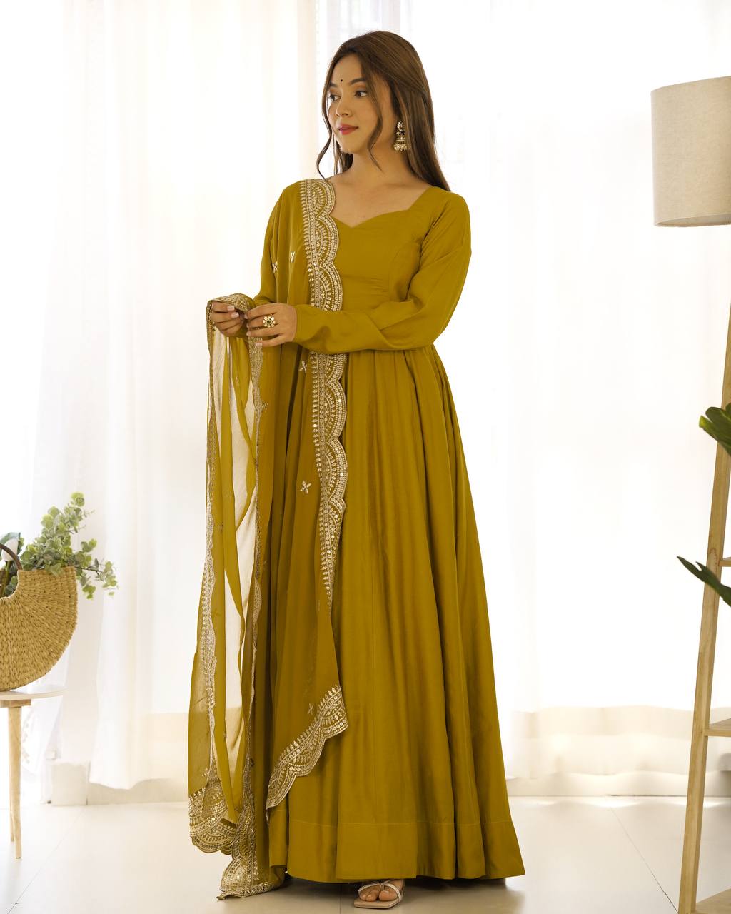 Pure Romansilk Chanderi Fully Flair Anarkali Set with Dupatta & Pant – Ready to Wear