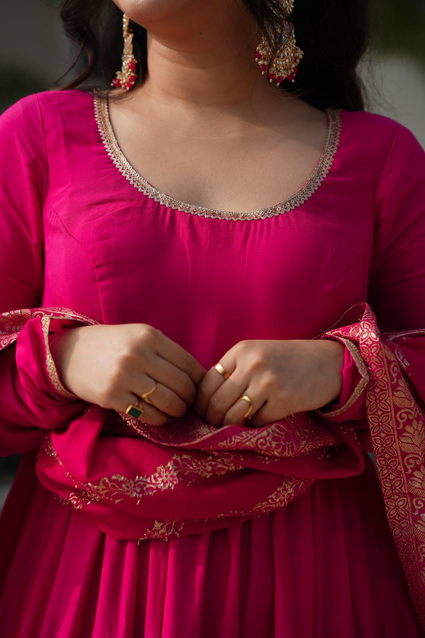 PURE ROMANSILK CHANDERI FABRIC FULLY FLAIR ANARKALI,WITH DUPPTA SET,PENT READY TO WEAR