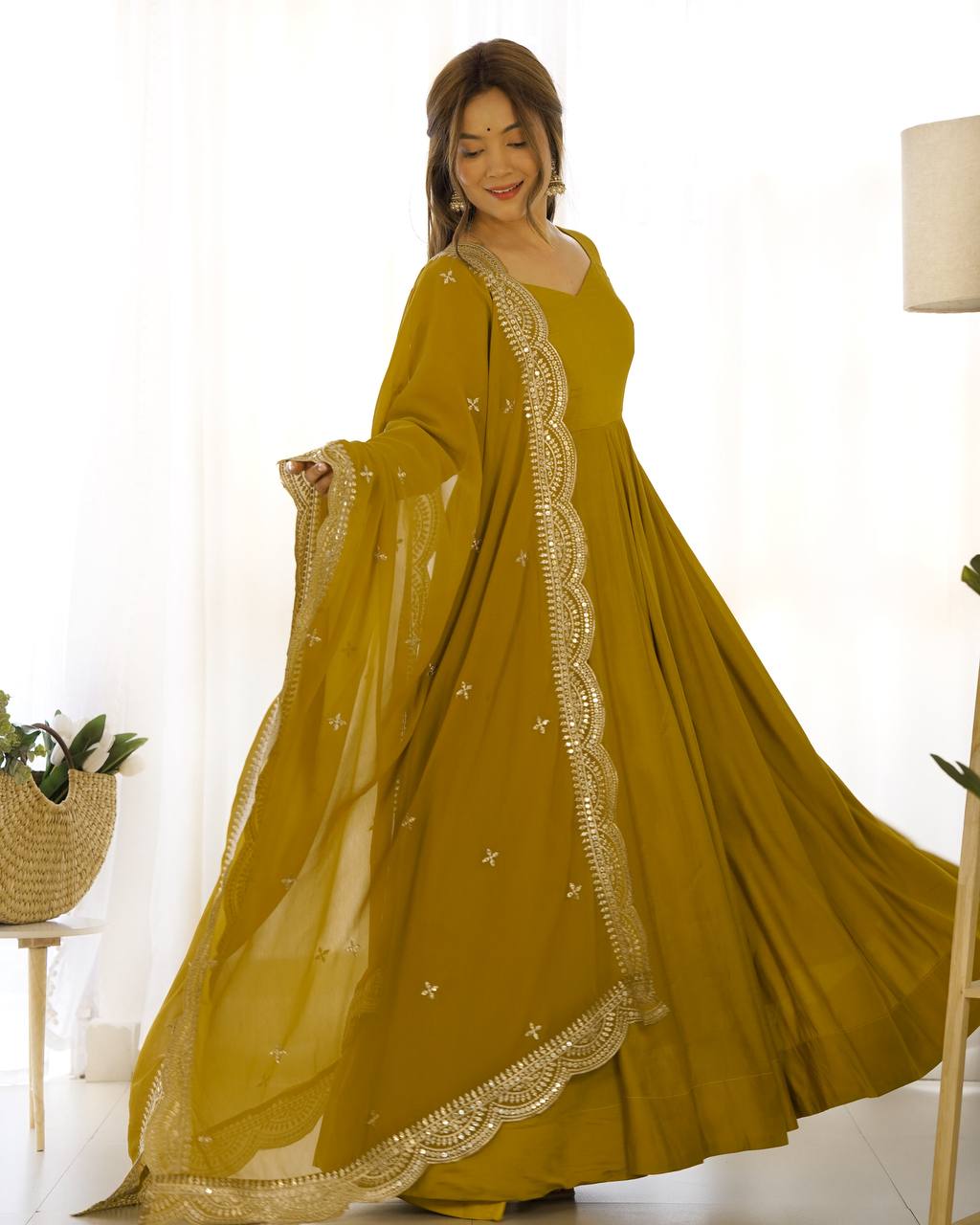 Pure Romansilk Chanderi Fully Flair Anarkali Set with Dupatta & Pant – Ready to Wear