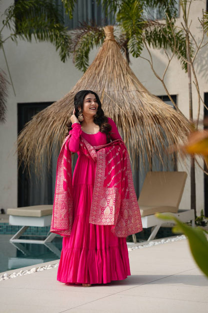 PURE ROMANSILK CHANDERI FABRIC FULLY FLAIR ANARKALI,WITH DUPPTA SET,PENT READY TO WEAR