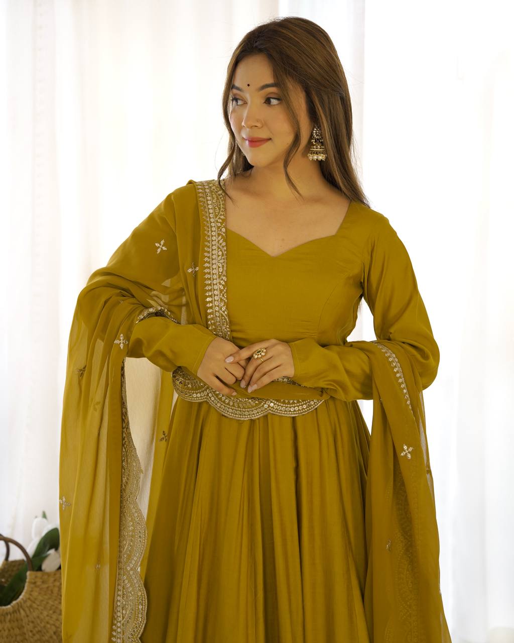Pure Romansilk Chanderi Fully Flair Anarkali Set with Dupatta & Pant – Ready to Wear