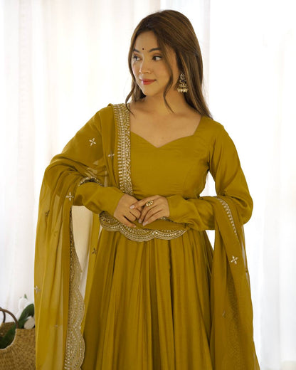 Pure Romansilk Chanderi Fully Flair Anarkali Set with Dupatta & Pant – Ready to Wear