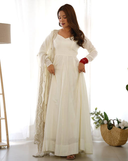 Pure Romansilk Chanderi Fully Flair Anarkali Set with Dupatta & Pant – Ready to Wear