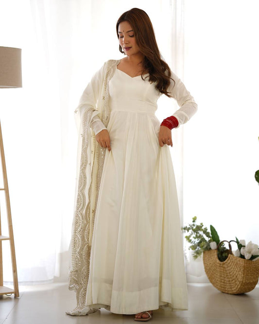 Pure Romansilk Chanderi Fully Flair Anarkali Set with Dupatta & Pant – Ready to Wear