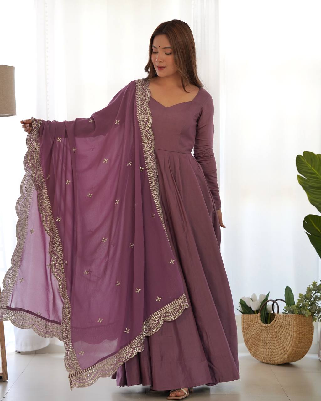 Pure Romansilk Chanderi Fully Flair Anarkali Set with Dupatta & Pant – Ready to Wear