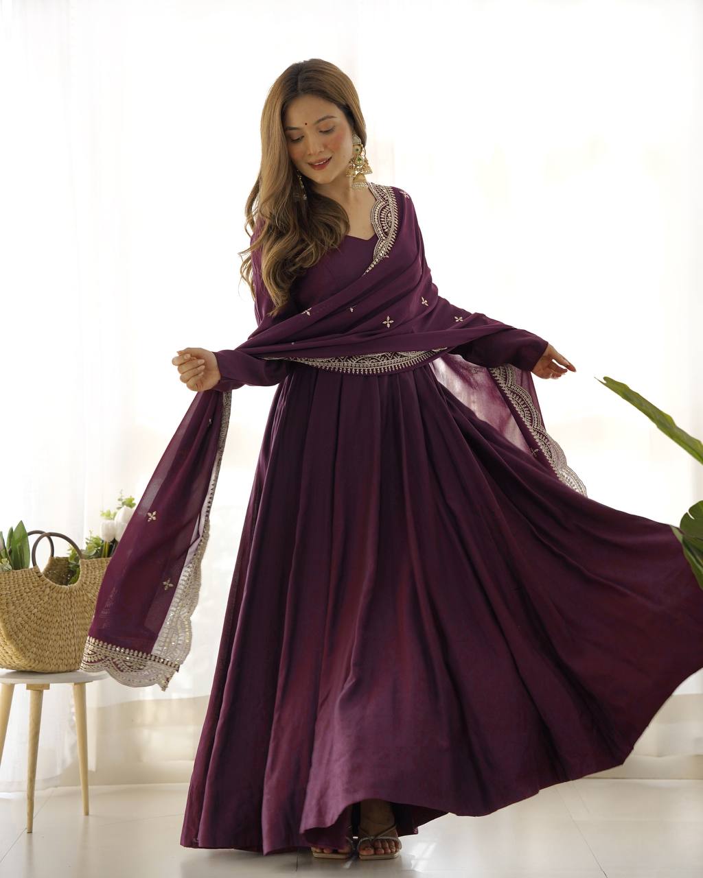Pure Romansilk Chanderi Fully Flair Anarkali Set with Dupatta & Pant – Ready to Wear