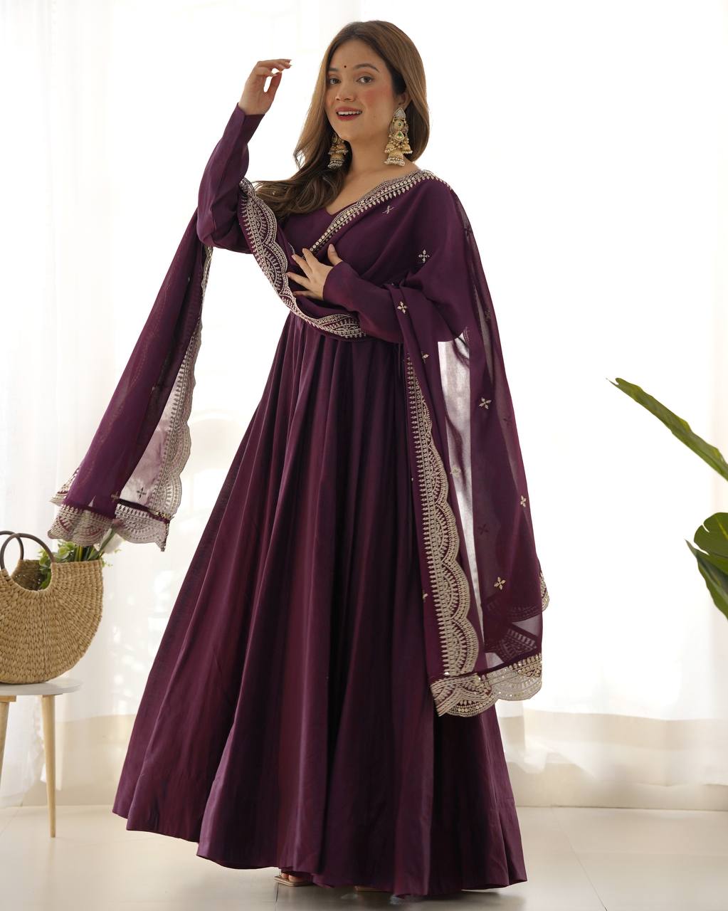 Pure Romansilk Chanderi Fully Flair Anarkali Set with Dupatta & Pant – Ready to Wear