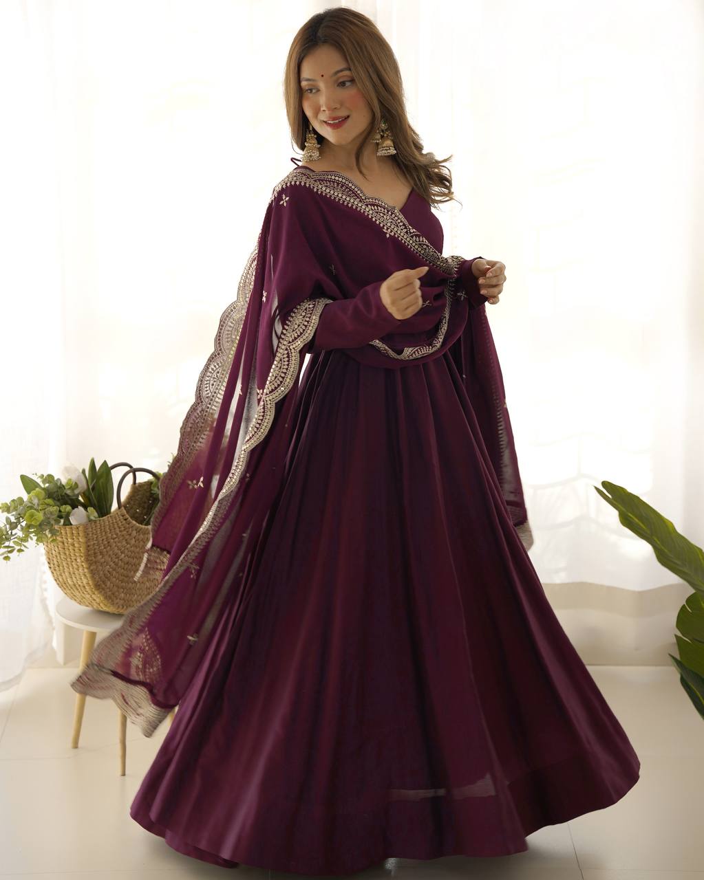 Pure Romansilk Chanderi Fully Flair Anarkali Set with Dupatta & Pant – Ready to Wear