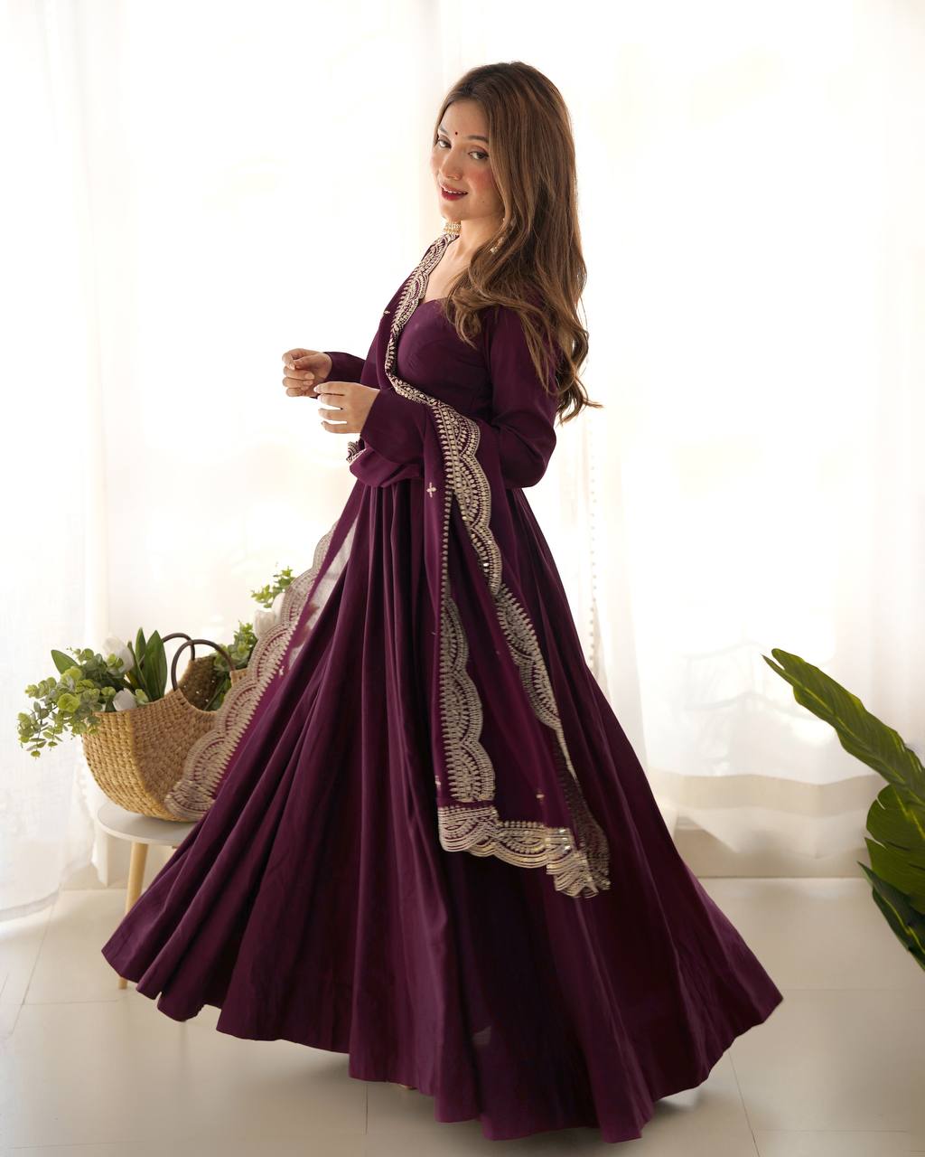 Pure Romansilk Chanderi Fully Flair Anarkali Set with Dupatta & Pant – Ready to Wear