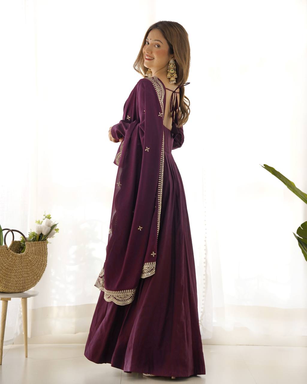 Pure Romansilk Chanderi Fully Flair Anarkali Set with Dupatta & Pant – Ready to Wear