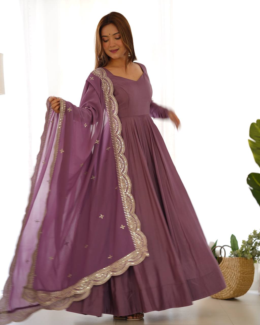 Pure Romansilk Chanderi Fully Flair Anarkali Set with Dupatta & Pant – Ready to Wear