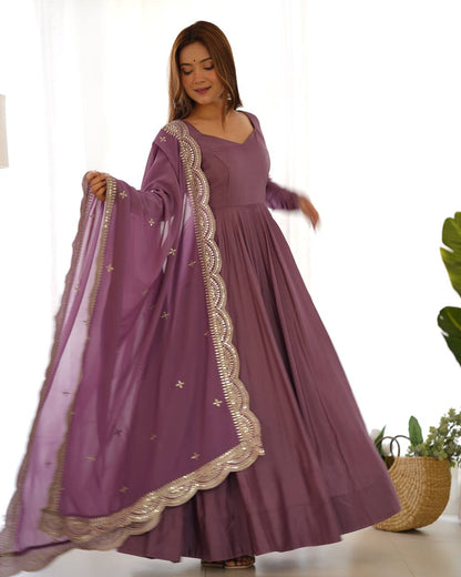 Pure Romansilk Chanderi Fully Flair Anarkali Set with Dupatta & Pant – Ready to Wear