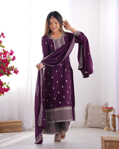 NEW BEAUTIFUL PURE CHINON SILK FABRIC STRAIGHT FIT KURTA WITH DUPPTA SET,TROUSERS,READY TO WEAR*