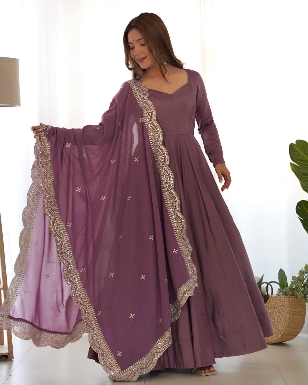 Pure Romansilk Chanderi Fully Flair Anarkali Set with Dupatta & Pant – Ready to Wear