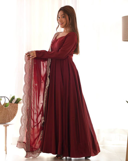Pure Romansilk Chanderi Fully Flair Anarkali Set with Dupatta & Pant – Ready to Wear