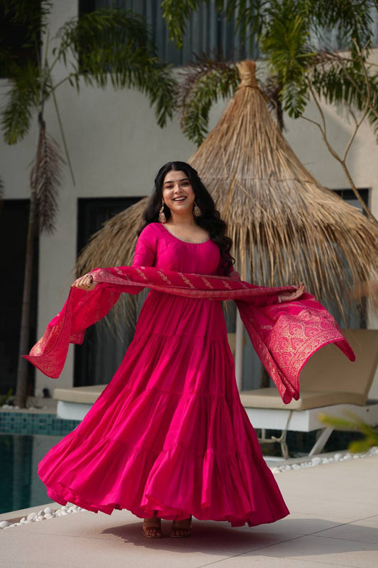 PURE ROMANSILK CHANDERI FABRIC FULLY FLAIR ANARKALI,WITH DUPPTA SET,PENT READY TO WEAR