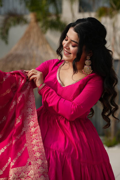 PURE ROMANSILK CHANDERI FABRIC FULLY FLAIR ANARKALI,WITH DUPPTA SET,PENT READY TO WEAR