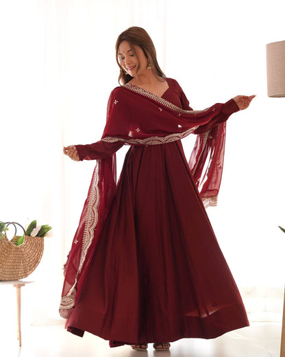 Pure Romansilk Chanderi Fully Flair Anarkali Set with Dupatta & Pant – Ready to Wear