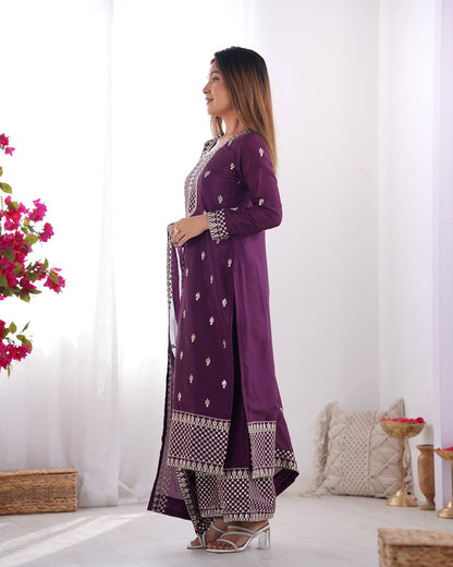 NEW BEAUTIFUL PURE CHINON SILK FABRIC STRAIGHT FIT KURTA WITH DUPPTA SET,TROUSERS,READY TO WEAR*