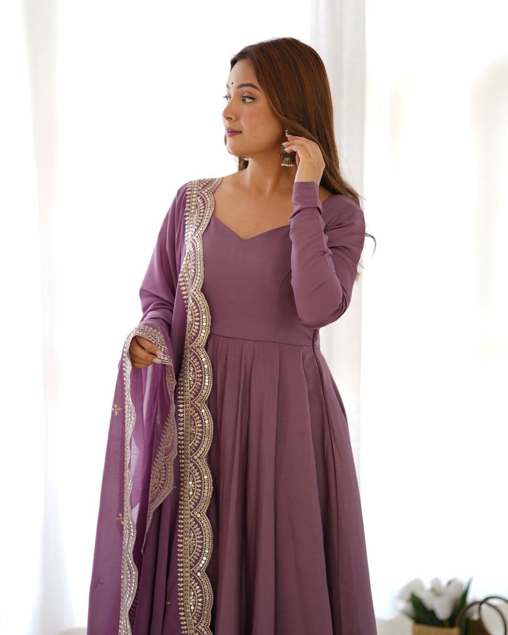 Pure Romansilk Chanderi Fully Flair Anarkali Set with Dupatta & Pant – Ready to Wear