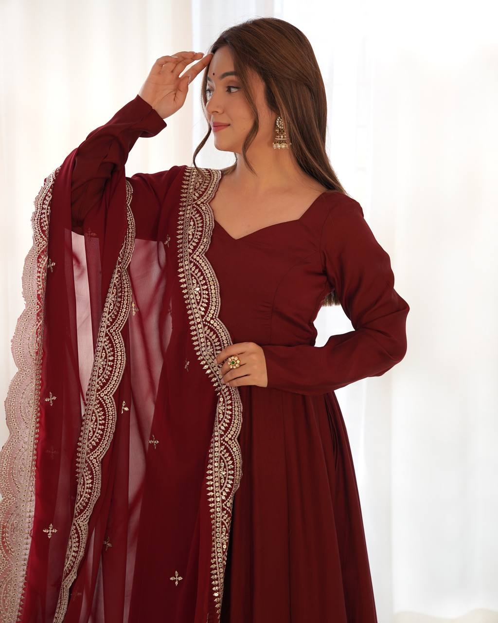 Pure Romansilk Chanderi Fully Flair Anarkali Set with Dupatta & Pant – Ready to Wear