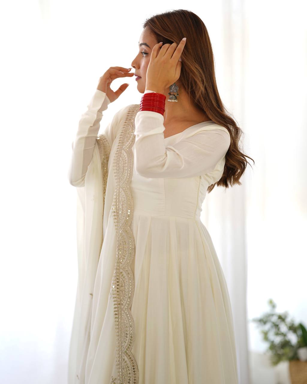 Pure Romansilk Chanderi Fully Flair Anarkali Set with Dupatta & Pant – Ready to Wear