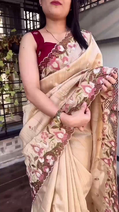 Cut Work Visca Slub Silk Saree