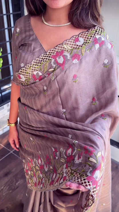 Cut Work Visca Slub Silk Saree