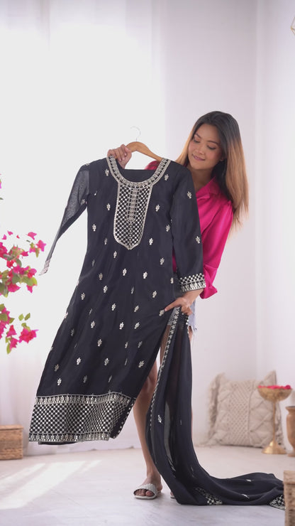 NEW BEAUTIFUL PURE CHINON SILK FABRIC STRAIGHT FIT KURTA WITH DUPPTA SET,TROUSERS,READY TO WEAR*