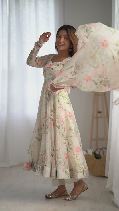 PURE SOFT ORGANJA SILK FABRIC FULLY FLAIR KALI PATTERN AND CANVAS PATTA WITH DUPPTA SET,PENT READY TO WEAR
