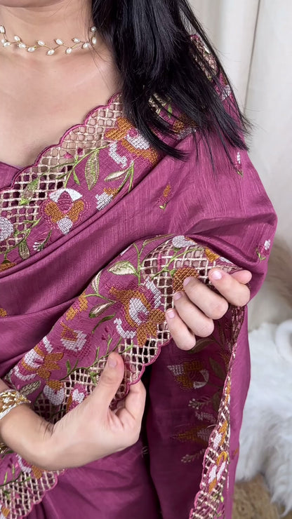Cut Work Visca Slub Silk Saree